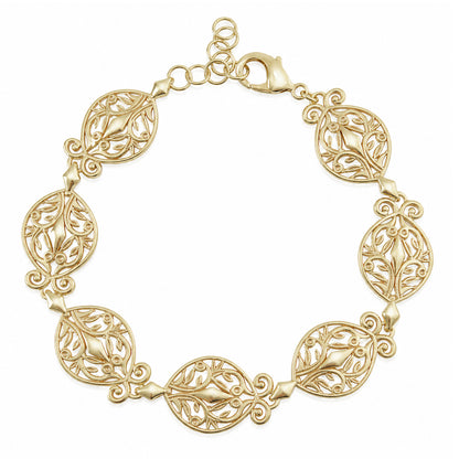 Filigree Link Bracelet with Ornate Detailing - Artisan Handmade Floral Bracelet in 18K Gold Over Bronze
