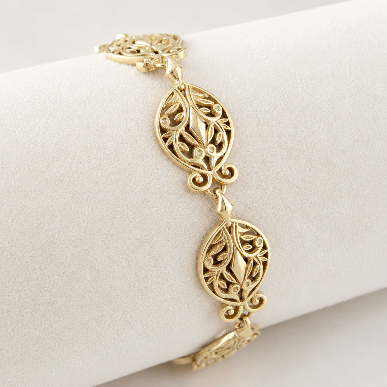 Filigree Link Bracelet with Ornate Detailing - Artisan Handmade Floral Bracelet in 18K Gold Over Bronze