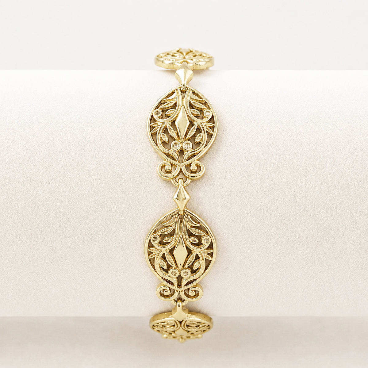 Filigree Link Bracelet with Ornate Detailing - Artisan Handmade Floral Bracelet in 18K Gold Over Bronze