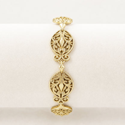 Filigree Link Bracelet with Ornate Detailing - Artisan Handmade Floral Bracelet in 18K Gold Over Bronze