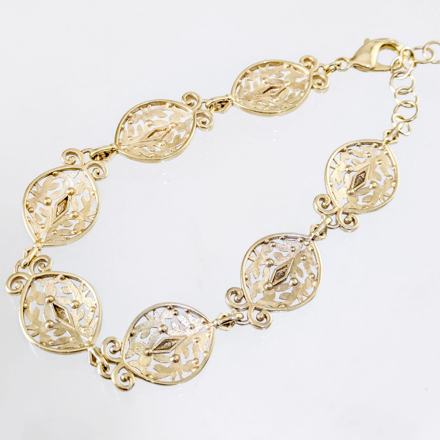 Filigree Link Bracelet with Ornate Detailing - Artisan Handmade Floral Bracelet in 18K Gold Over Bronze