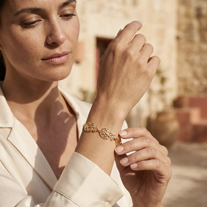Filigree Link Bracelet with Ornate Detailing - Artisan Handmade Floral Bracelet in 18K Gold Over Bronze