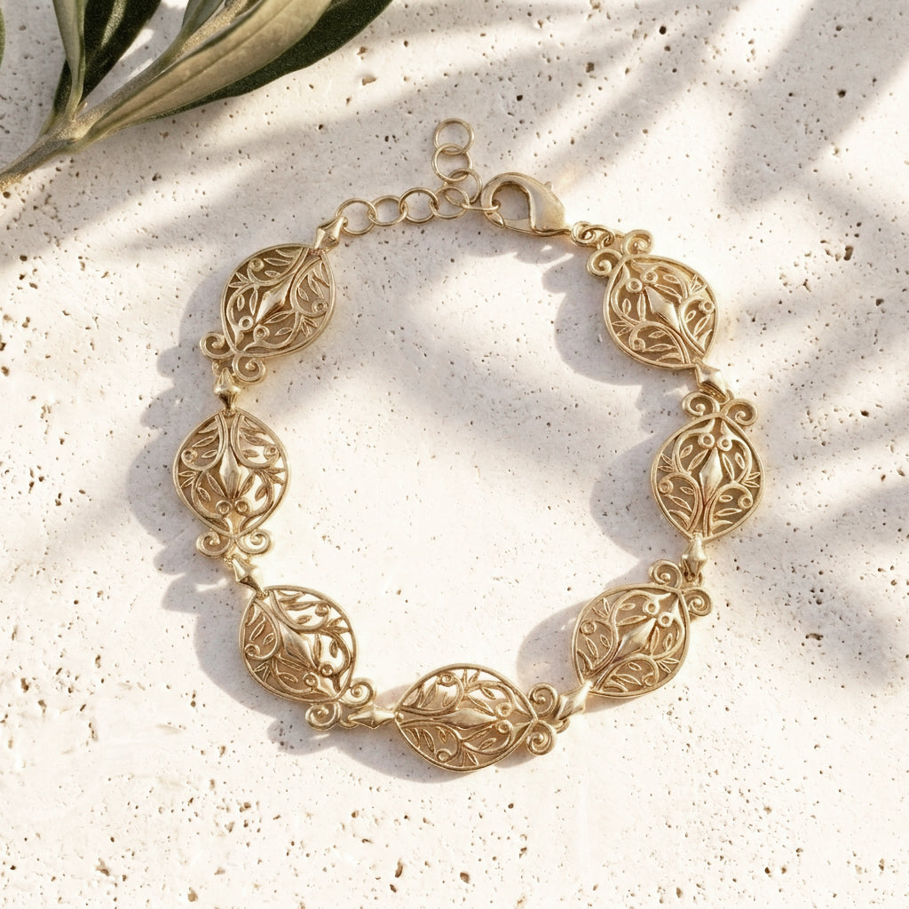 Filigree Link Bracelet with Ornate Detailing - Artisan Handmade Floral Bracelet in 18K Gold Over Bronze