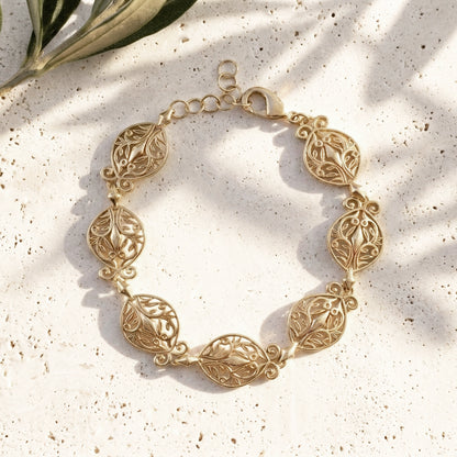 Filigree Link Bracelet with Ornate Detailing - Artisan Handmade Floral Bracelet in 18K Gold Over Bronze