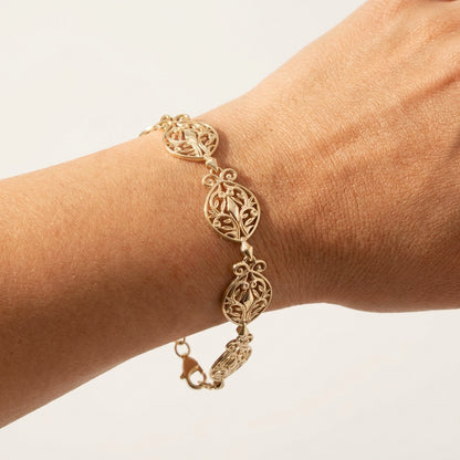 Filigree Link Bracelet with Ornate Detailing - Artisan Handmade Floral Bracelet in 18K Gold Over Bronze