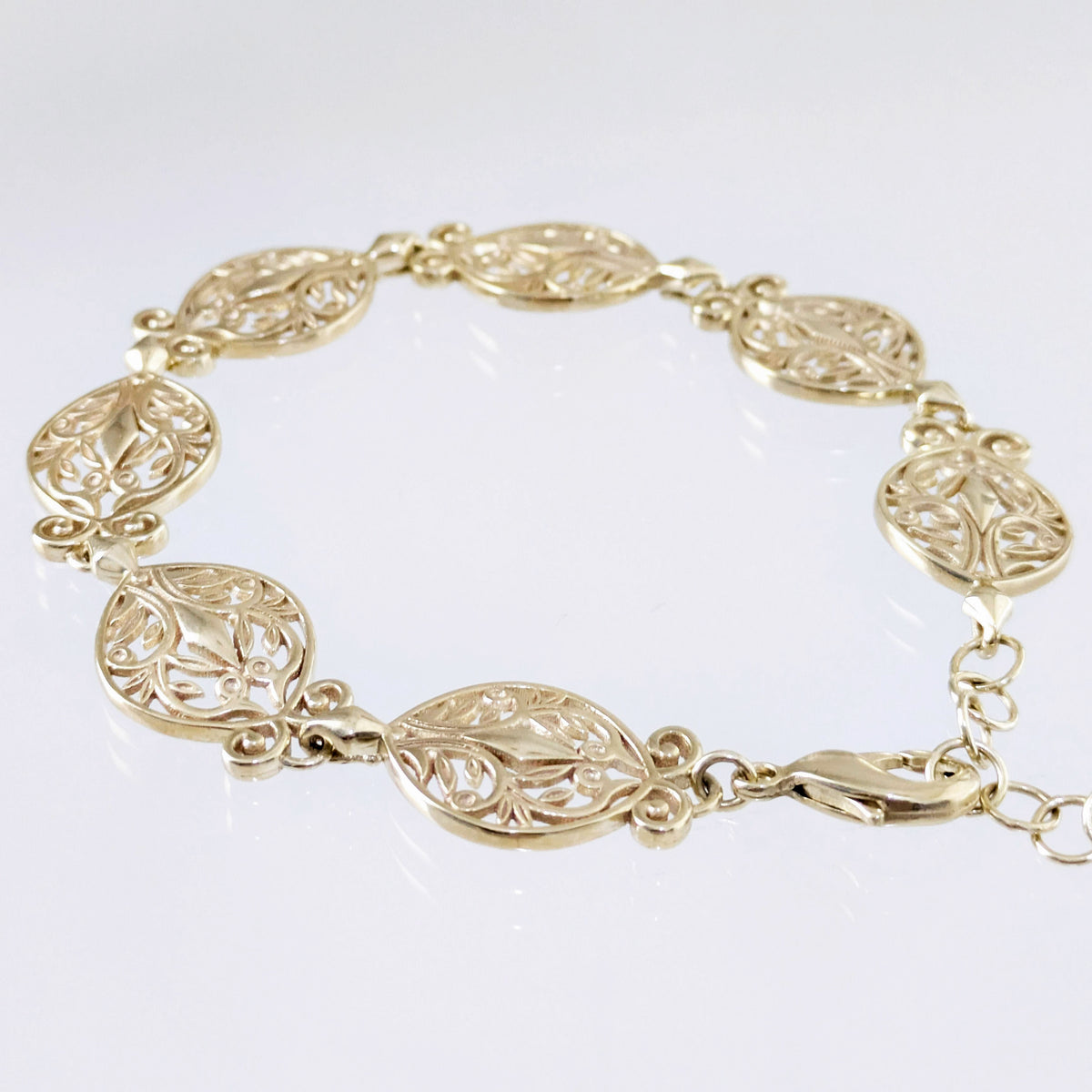 Filigree Link Bracelet with Ornate Detailing - Artisan Handmade Floral Bracelet in 18K Gold Over Bronze