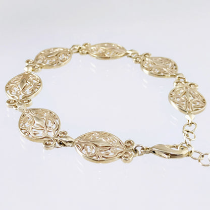 Filigree Link Bracelet with Ornate Detailing - Artisan Handmade Floral Bracelet in 18K Gold Over Bronze