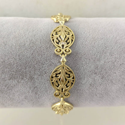 Filigree Link Bracelet with Ornate Detailing - Artisan Handmade Floral Bracelet in 18K Gold Over Bronze - TurkishBling