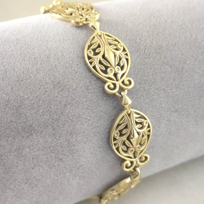 Filigree Link Bracelet with Ornate Detailing - Artisan Handmade Floral Bracelet in 18K Gold Over Bronze - TurkishBling