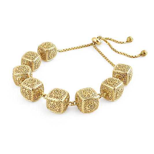 Rose-Engraved Square Link Slide Adjustable Bracelet