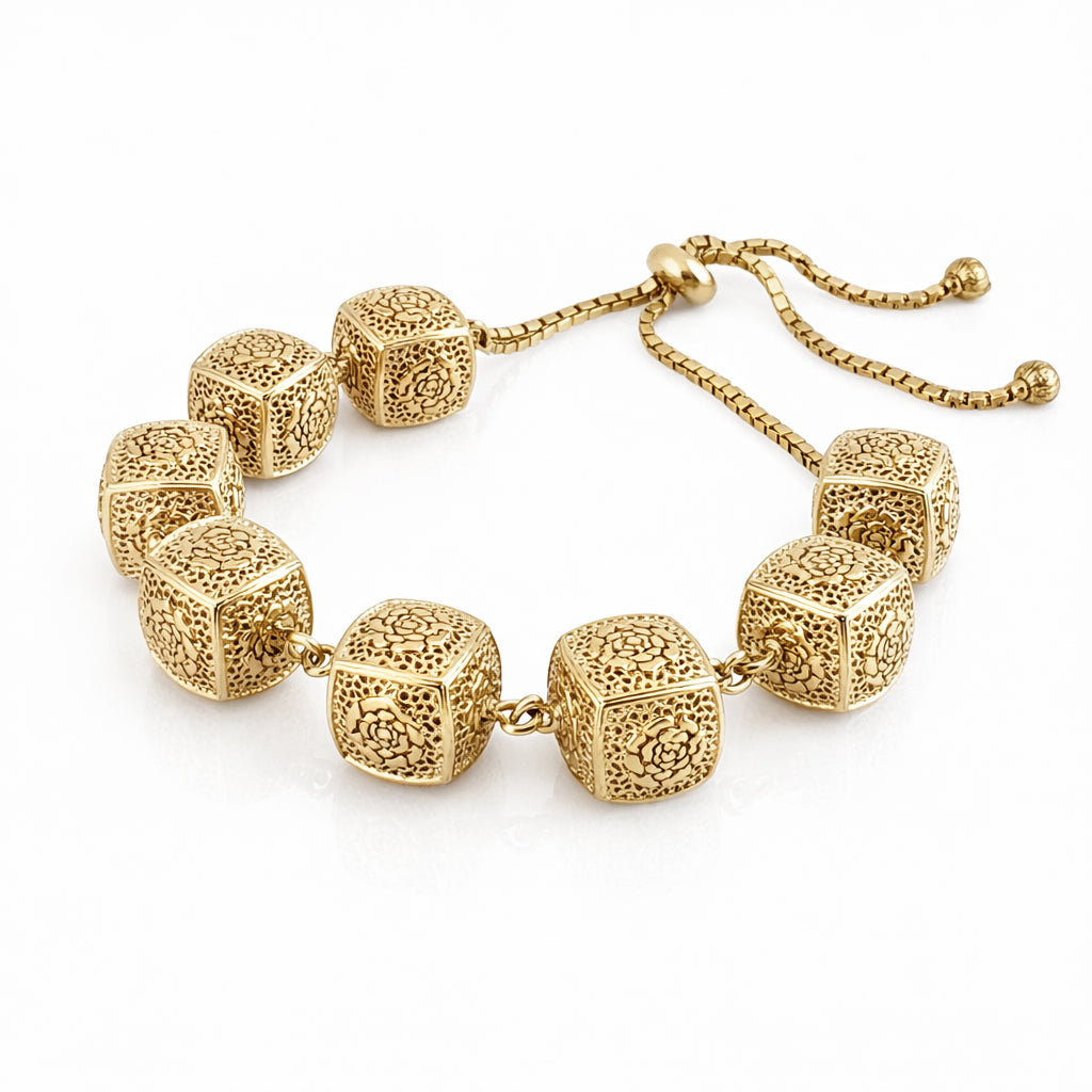 Rose-Engraved Square Link Slide Adjustable Bracelet