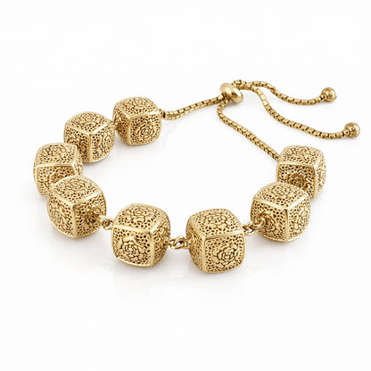 Rose-Engraved Square Link Slide Adjustable Bracelet