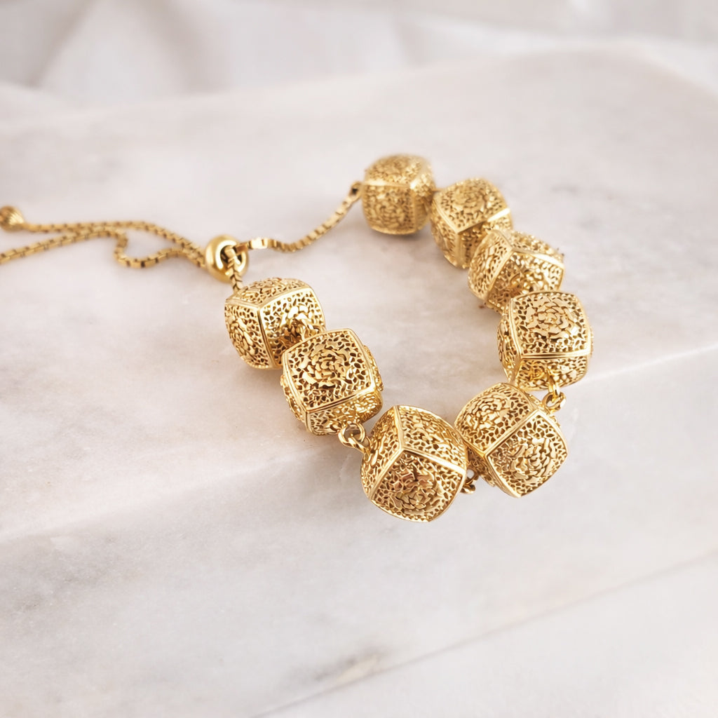 Rose-Engraved Square Link Slide Adjustable Bracelet