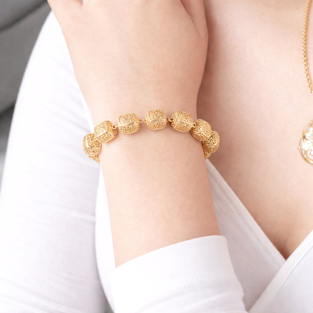 Rose-Engraved Square Link Slide Adjustable Bracelet