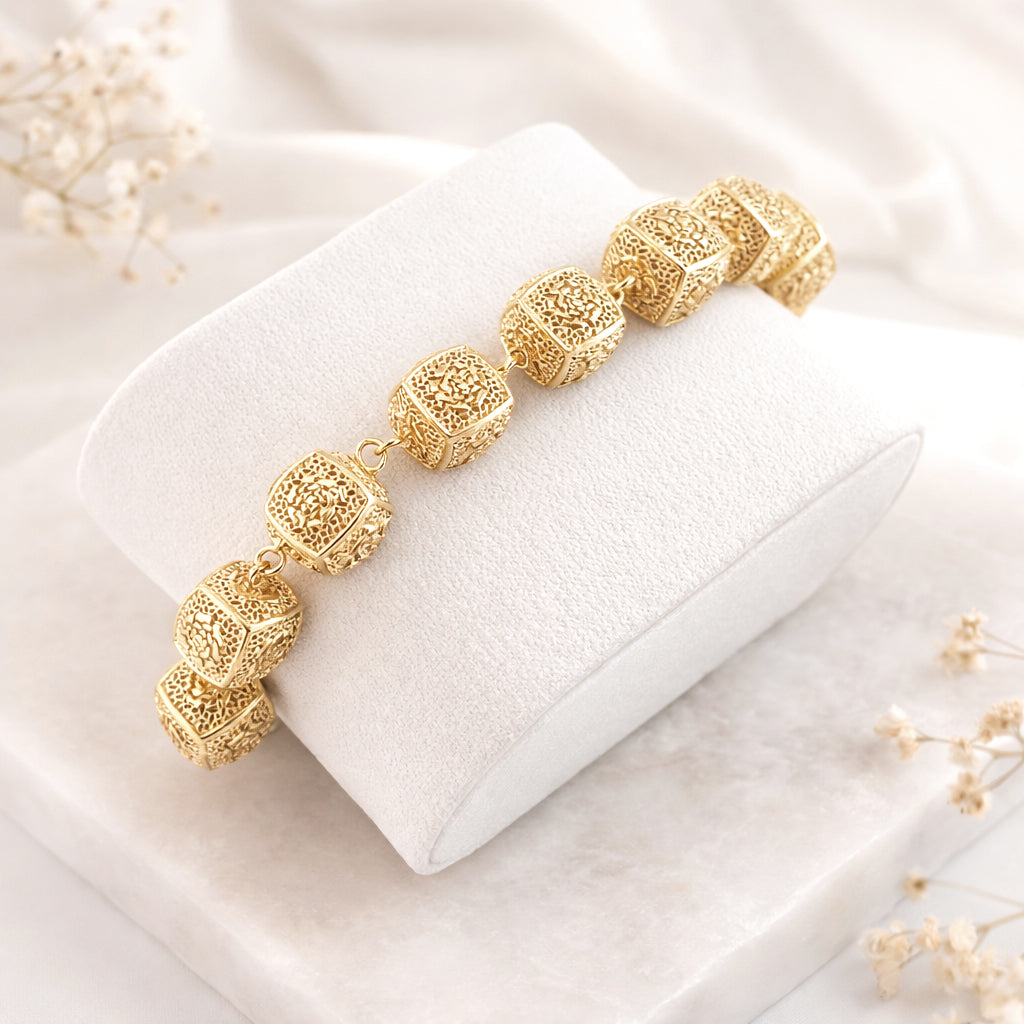 Rose-Engraved Square Link Slide Adjustable Bracelet
