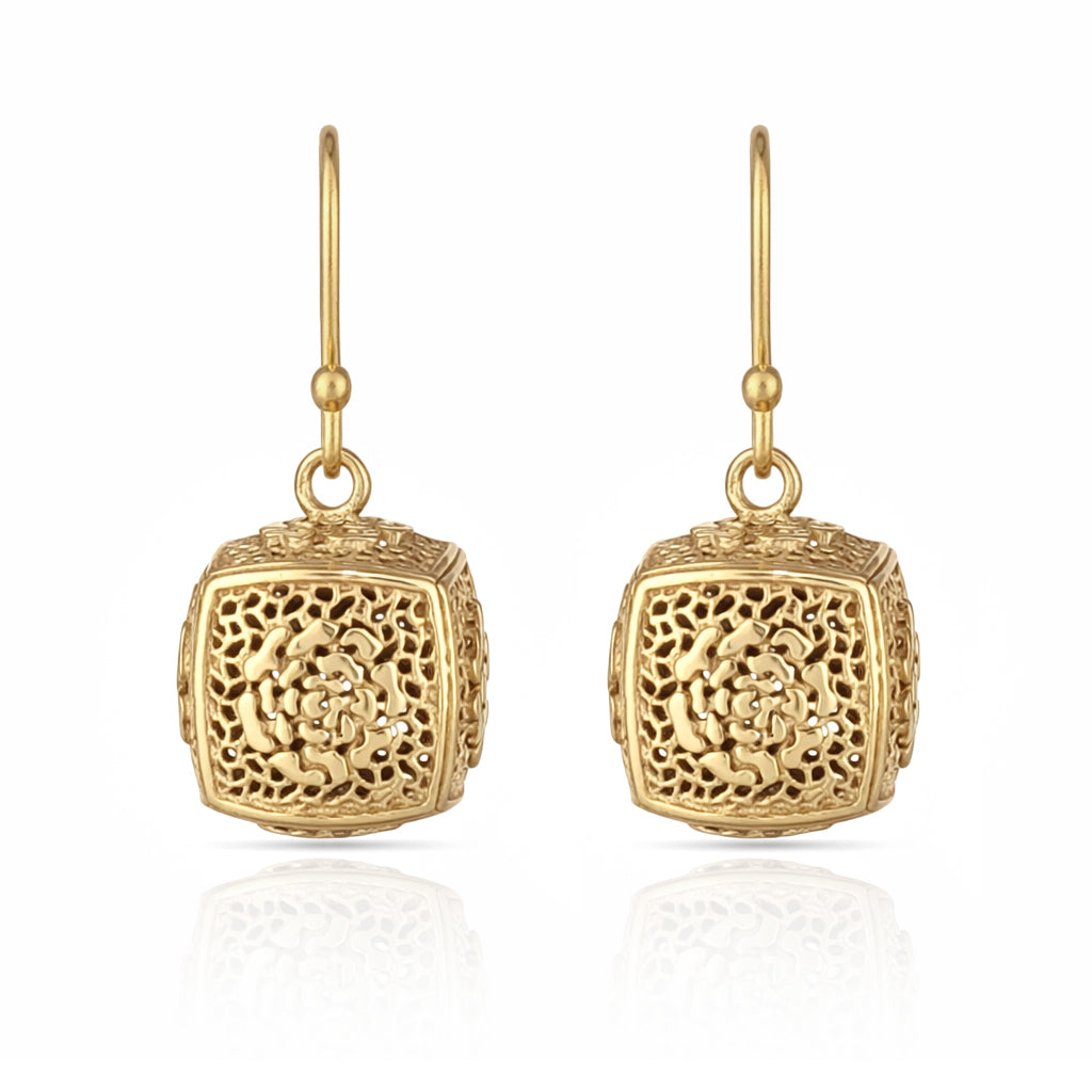 Filigree Cube Drop Earrings Gold Openwork Jewelry