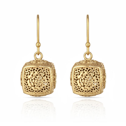 Filigree Cube Drop Earrings Gold Openwork Jewelry