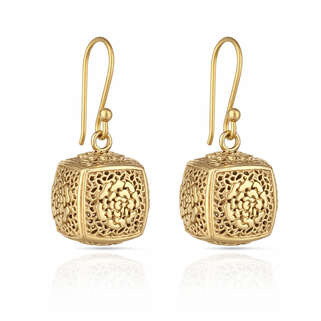Filigree Cube Drop Earrings Gold Openwork Jewelry