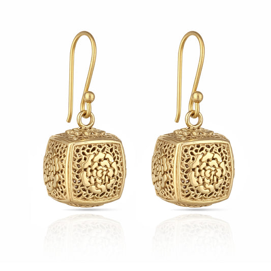 Filigree Cube Drop Earrings Gold Openwork Jewelry