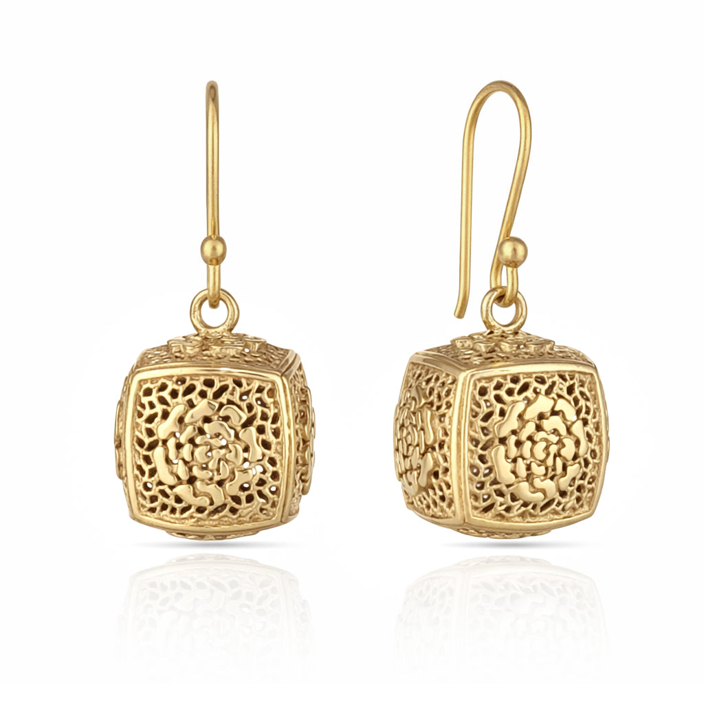 Filigree Cube Drop Earrings Gold Openwork Jewelry