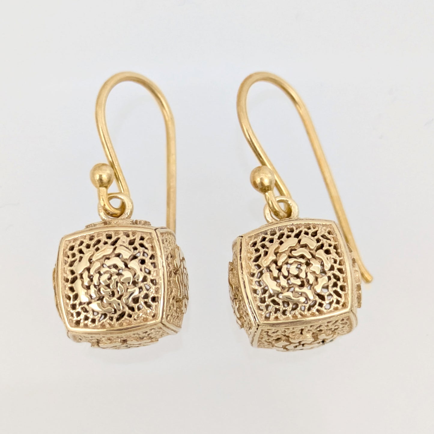 Filigree Cube Drop Earrings Gold Openwork Jewelry
