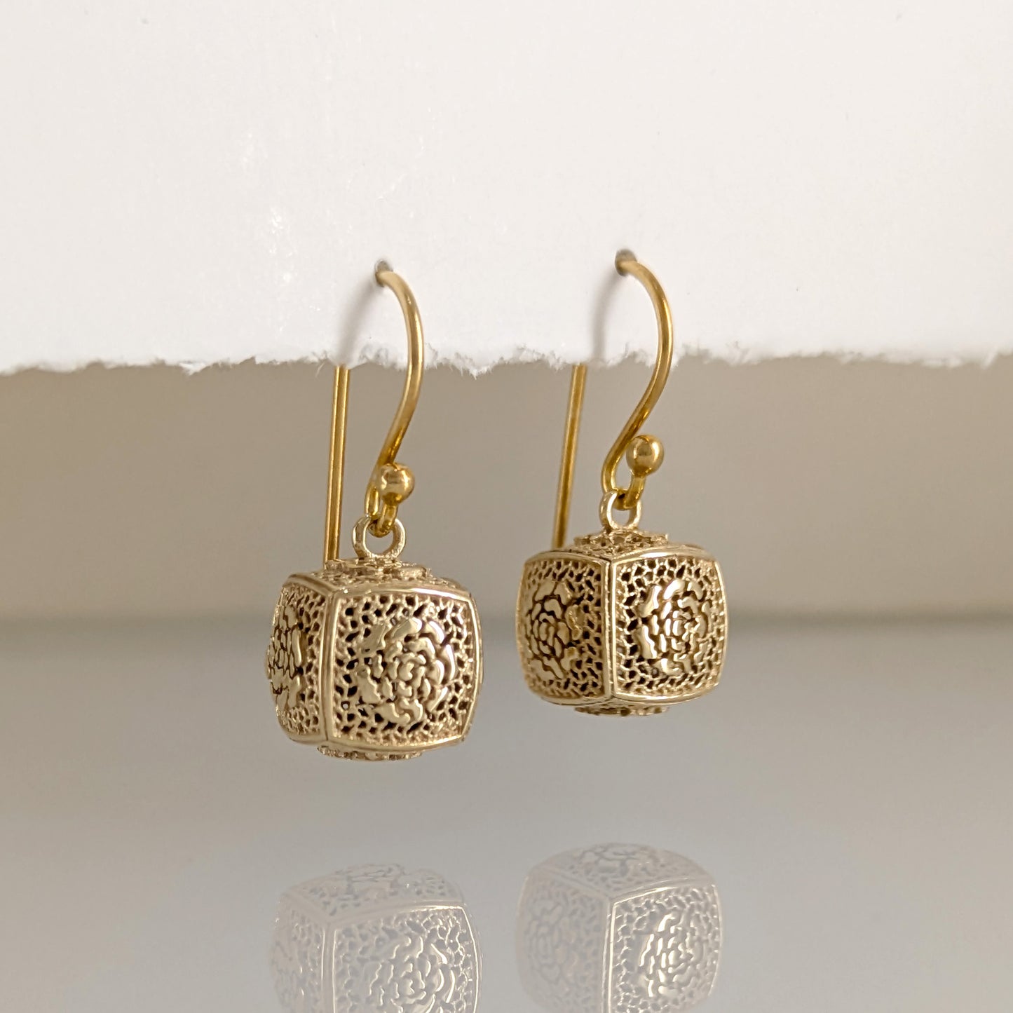 Filigree Cube Drop Earrings Gold Openwork Jewelry