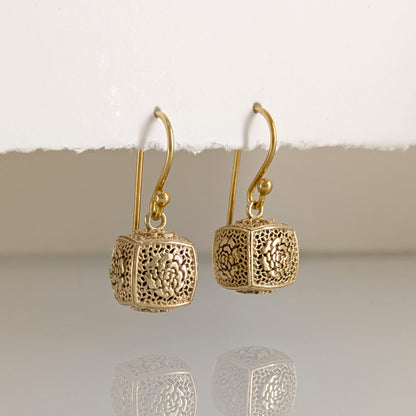 Filigree Cube Drop Earrings Gold Openwork Jewelry