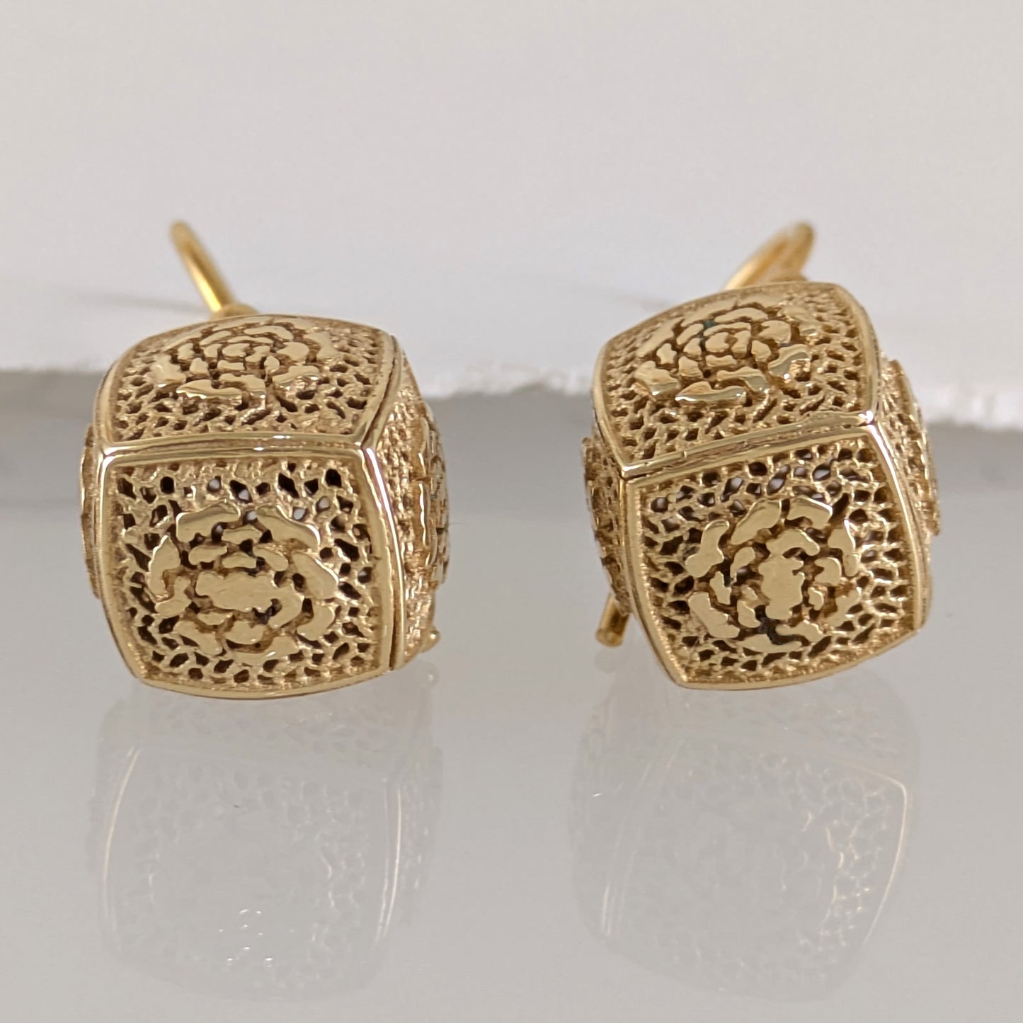Filigree Cube Drop Earrings Gold Openwork Jewelry