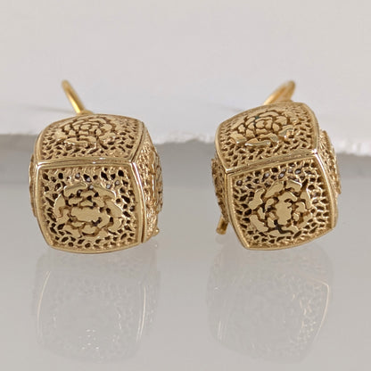 Filigree Cube Drop Earrings Gold Openwork Jewelry