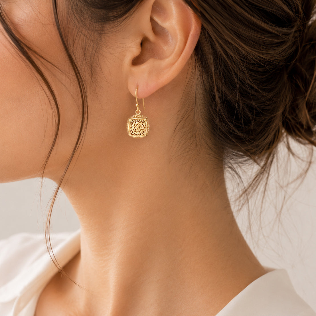 Filigree Cube Drop Earrings Gold Openwork Jewelry