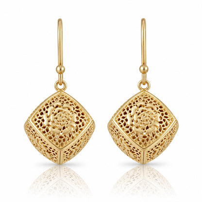 Rose Engraved Cube Drop Earrings – Floral Openwork Design
