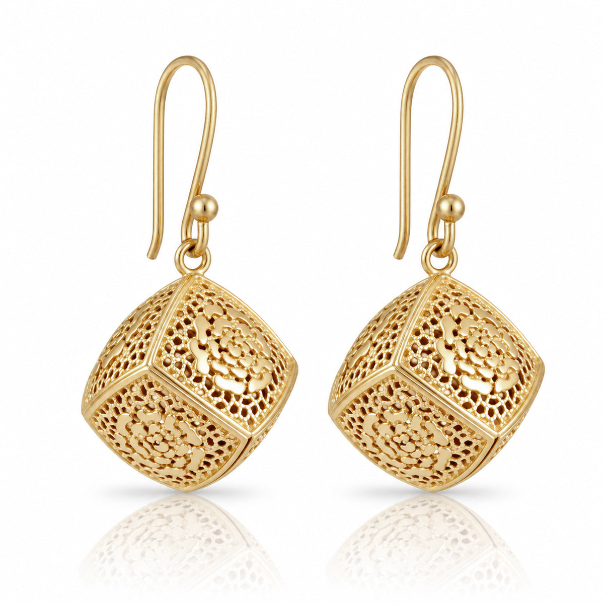 Rose Engraved Cube Drop Earrings – Floral Openwork Design