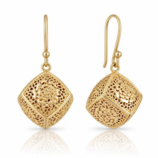 Rose Engraved Cube Drop Earrings – Floral Openwork Design