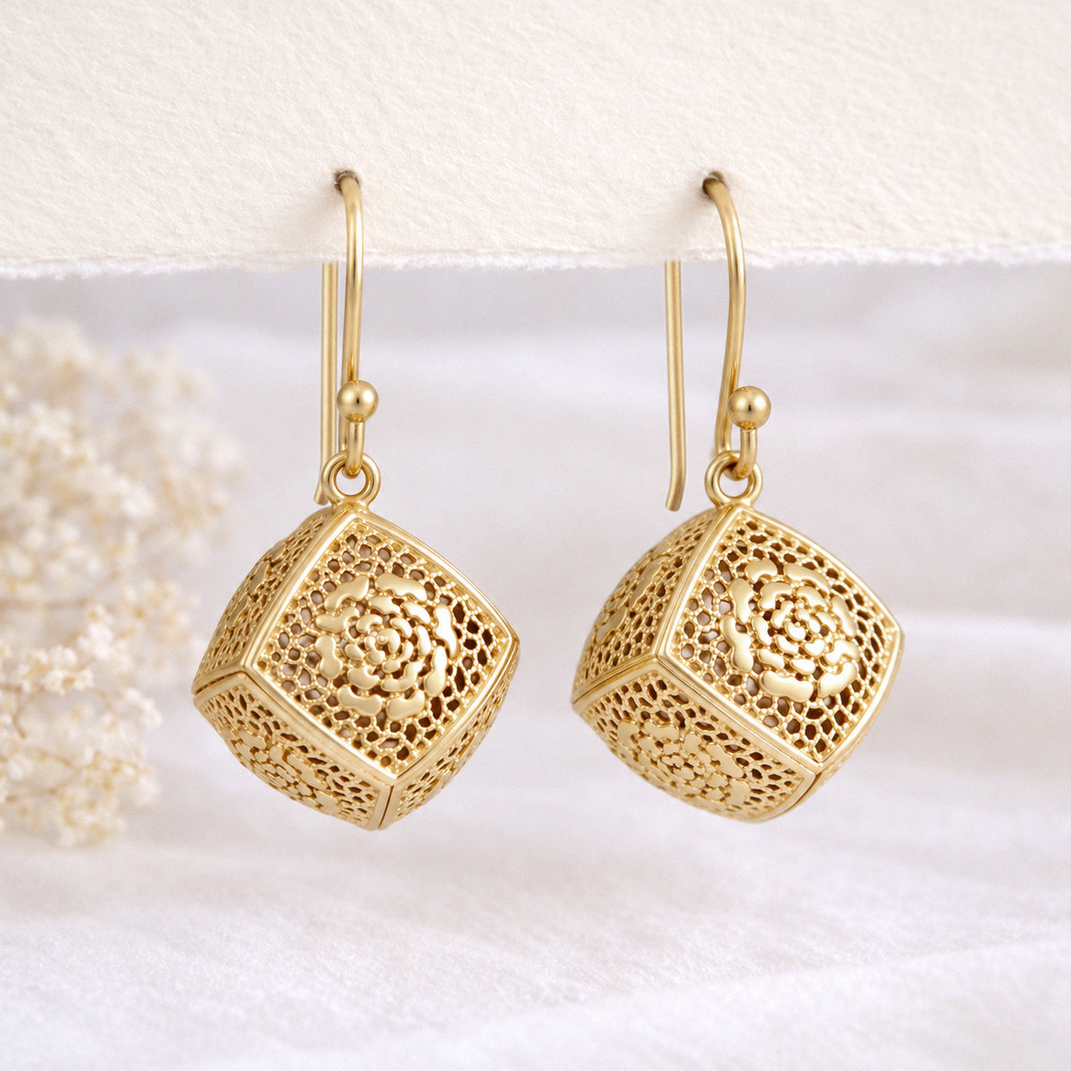 Rose Engraved Cube Drop Earrings – Floral Openwork Design