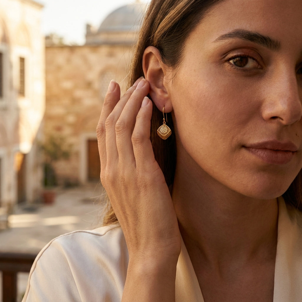 Rose Engraved Cube Drop Earrings – Floral Openwork Design