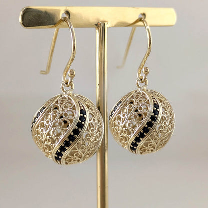 Filigree Ball Dangle Earrings with Black Spinels and Ornate Detailing - TurkishBling