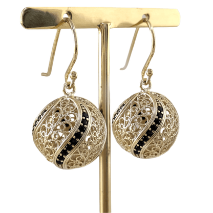 Filigree Ball Dangle Earrings with Black Spinels and Ornate Detailing - TurkishBling