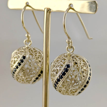 Filigree Ball Dangle Earrings with Black Spinels and Ornate Detailing - TurkishBling