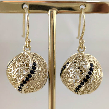 Filigree Ball Dangle Earrings with Black Spinels and Ornate Detailing - TurkishBling