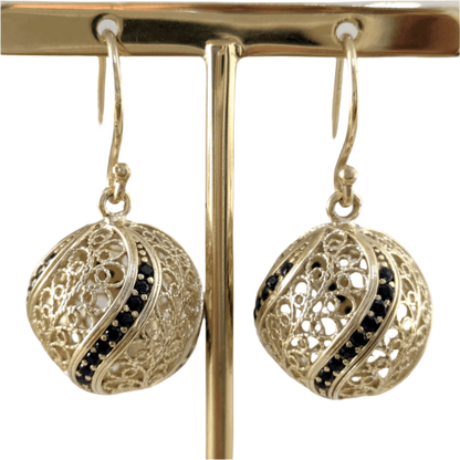 Filigree Ball Dangle Earrings with Black Spinels and Ornate Detailing - TurkishBling