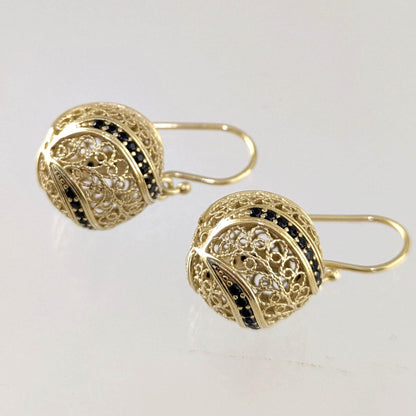 Filigree Ball Dangle Earrings with Black Spinels and Ornate Detailing - TurkishBling