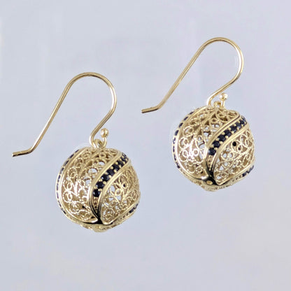 Filigree Ball Dangle Earrings with Black Spinels and Ornate Detailing - TurkishBling