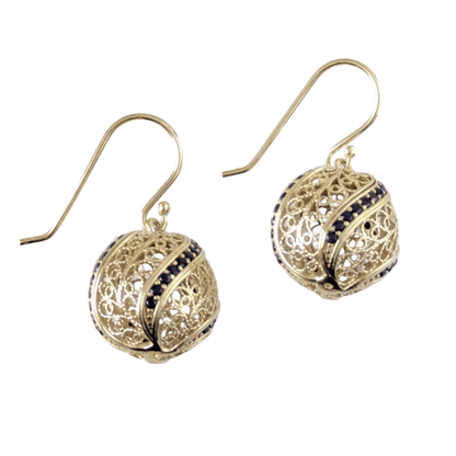 Filigree Ball Dangle Earrings with Black Spinels and Ornate Detailing - TurkishBling