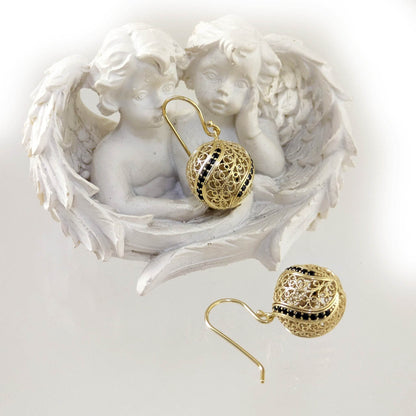Filigree Ball Dangle Earrings with Black Spinels and Ornate Detailing - TurkishBling