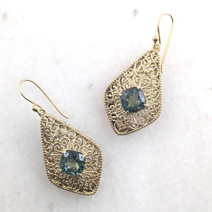 Filigree Drop Earrings with Morganite, Emerald, London Blue Topaz Color Quartz – Vintage-Inspired Jewelry - TurkishBling