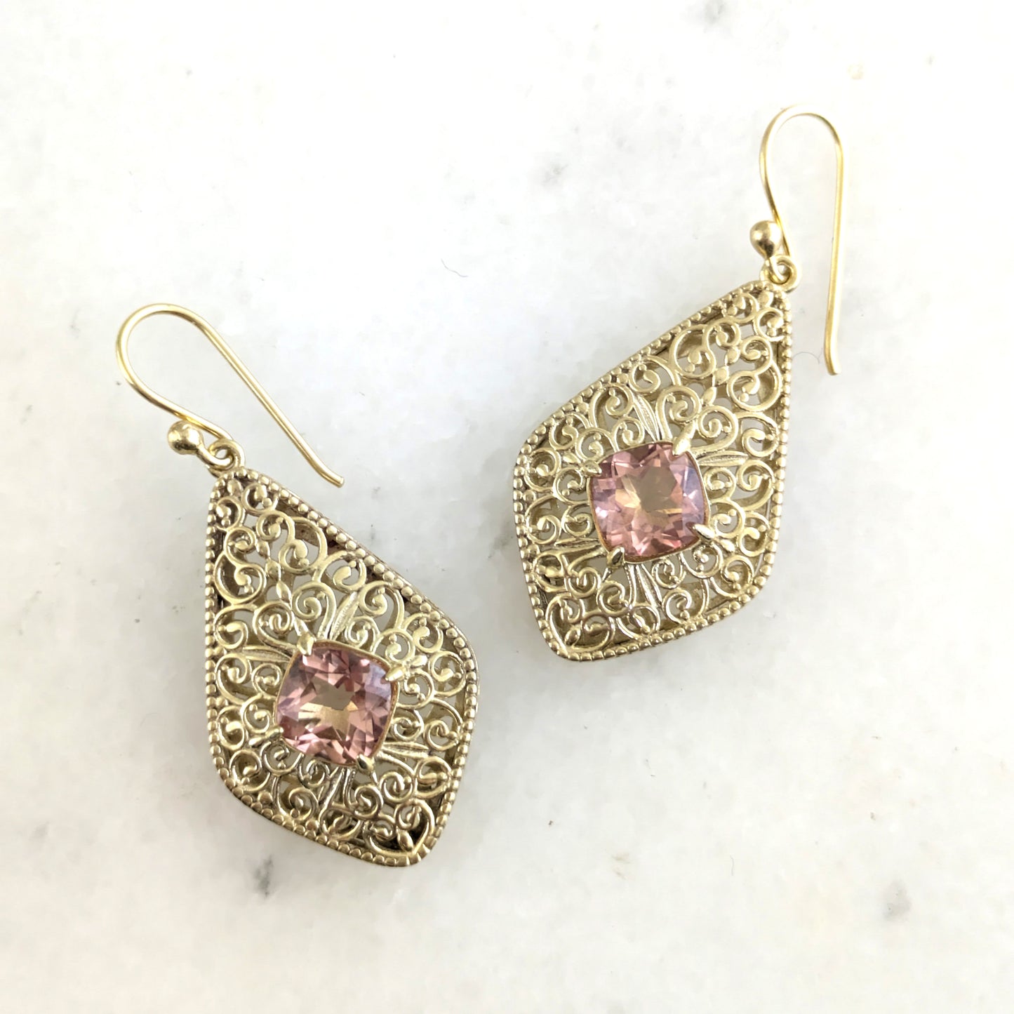 Filigree Drop Earrings with Morganite, Emerald, London Blue Topaz Color Quartz – Vintage-Inspired Jewelry