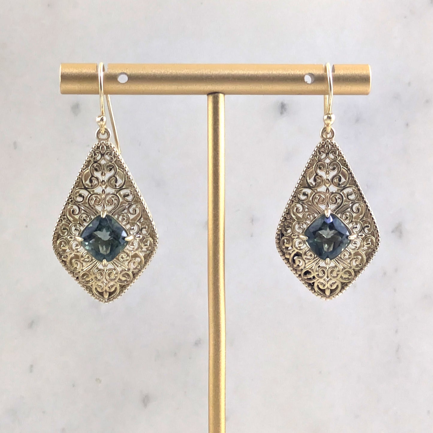 Filigree Drop Earrings with Morganite, Emerald, London Blue Topaz Color Quartz – Vintage-Inspired Jewelry