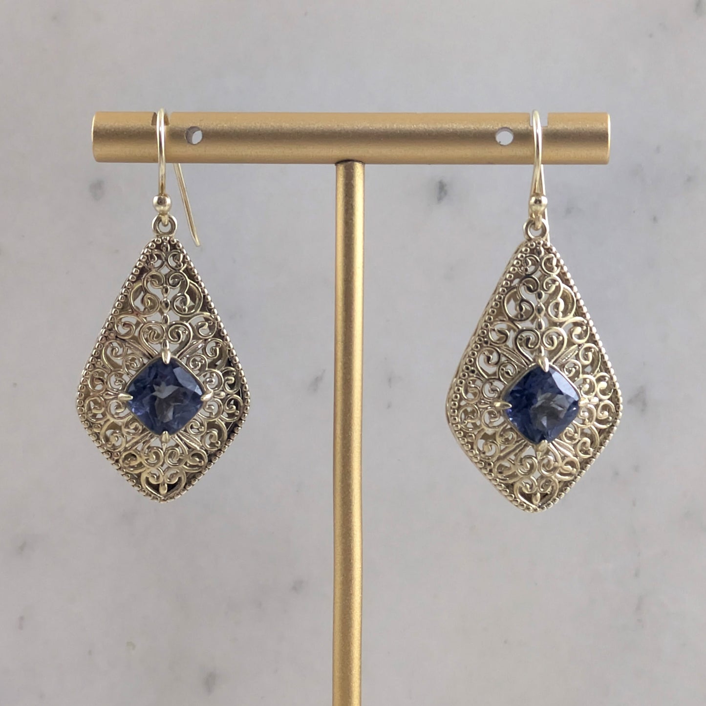 Filigree Drop Earrings with Morganite, Emerald, London Blue Topaz Color Quartz – Vintage-Inspired Jewelry