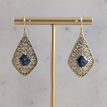 Filigree Drop Earrings with Morganite, Emerald, London Blue Topaz Color Quartz – Vintage-Inspired Jewelry - TurkishBling