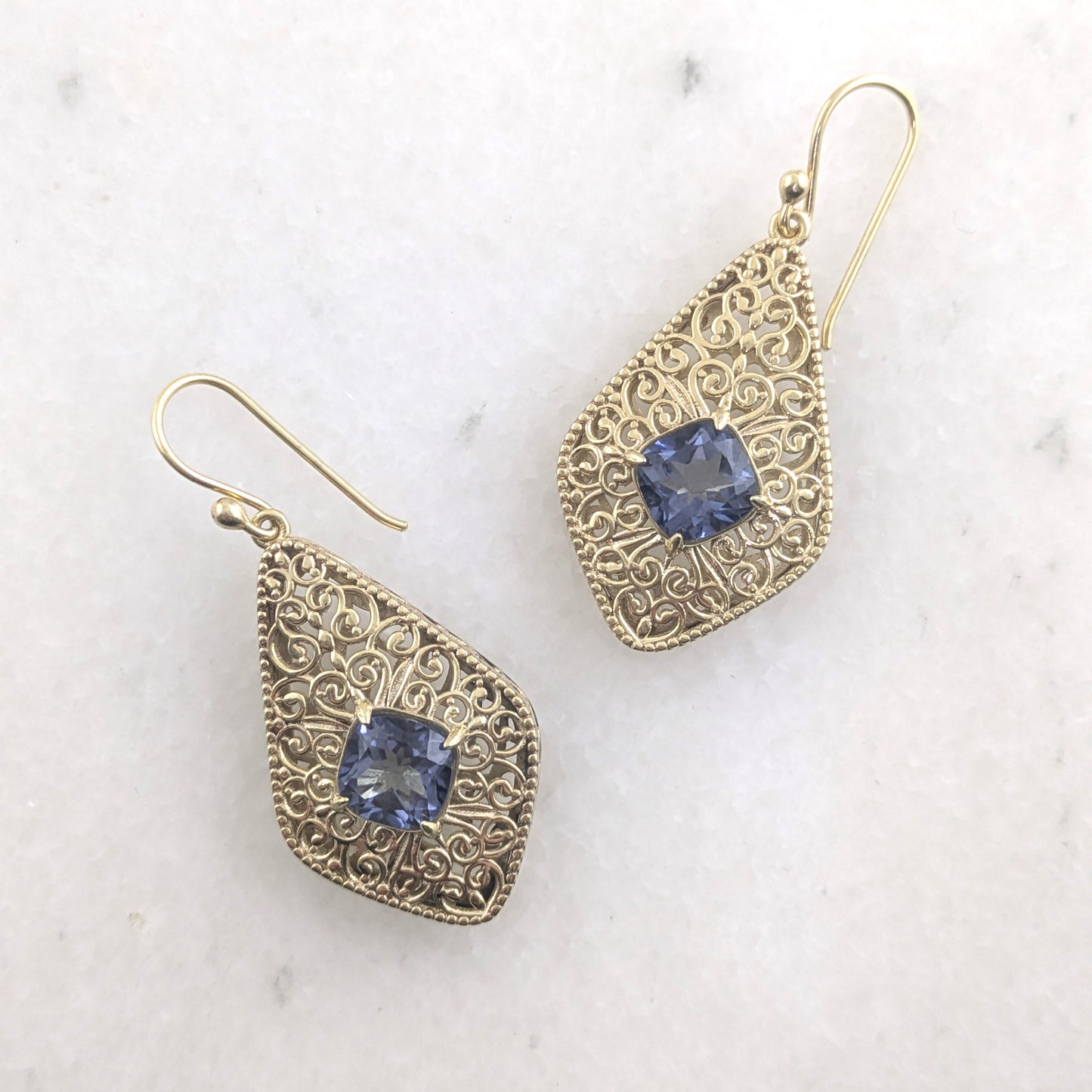 Filigree Drop Earrings with Morganite, Emerald, London Blue Topaz Color Quartz – Vintage-Inspired Jewelry